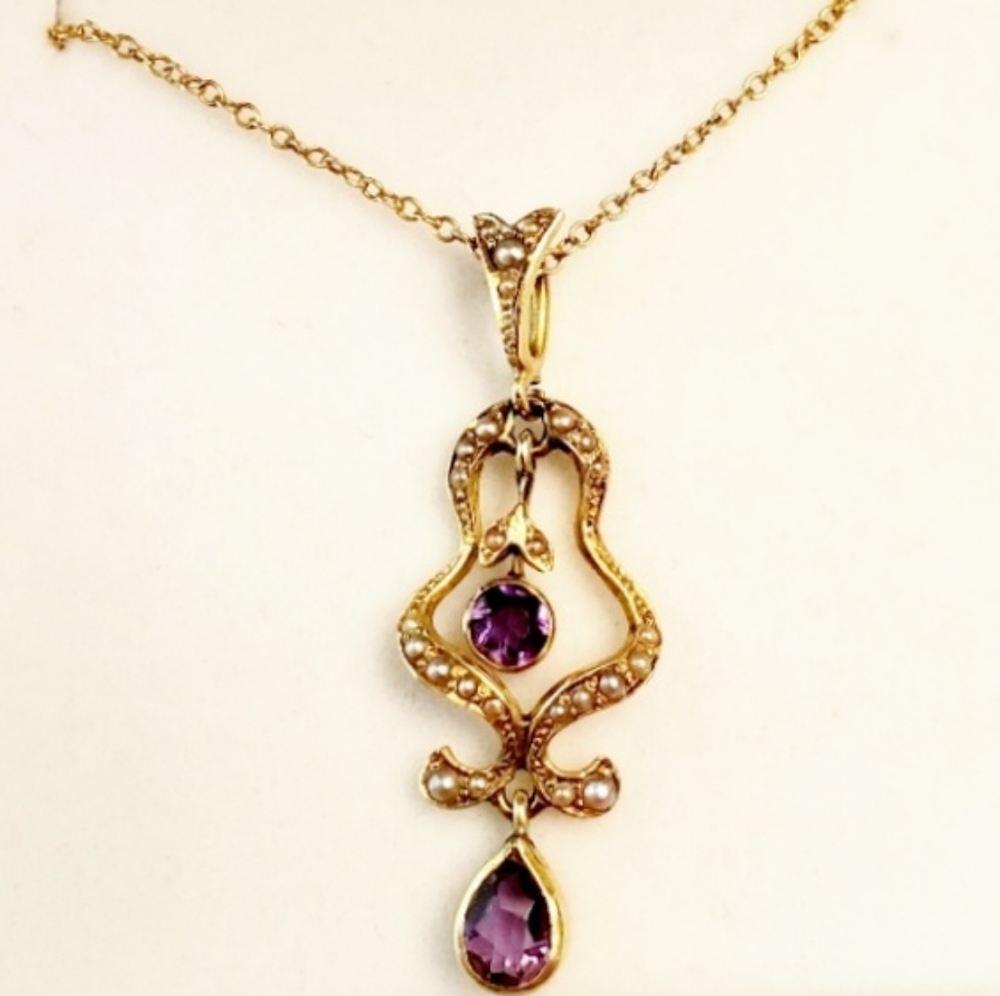 Antique Amethyst & Seed Pearl Pendant w/chain